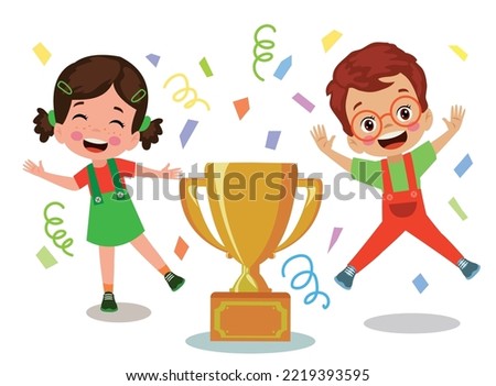 happy cute kids win game gold trophy