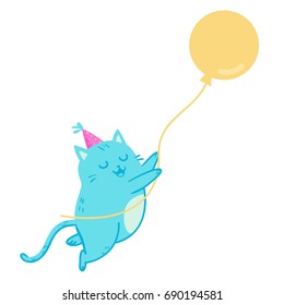 Happy cute kitten with balloon. Vector illustration