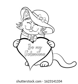 Happy cute kitten coloring book. Outline cat in hat with heart be my valentine coloring book black and white drawing illustration. Vector illustration template