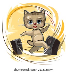 Happy cute Kitten dancing. Loud music from speakers. Dance of a funny animal Cat child. Cartoon style. Illustration for children. Isolated over white background. Vector