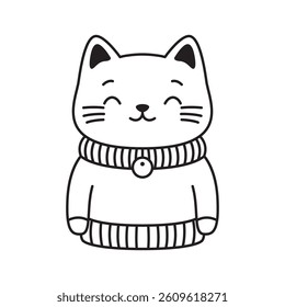 Happy Cute Kitten Little Cat Pet Animal Cartoon Character Wearing Sweater in Line Art Style
