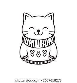 Happy Cute Kitten Little Cat Pet Animal Cartoon Character Wearing Sweater in Line Art Style