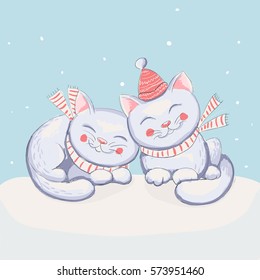 happy cute kittens sits on the snow .Watercolor cartoon childish vector illustration.