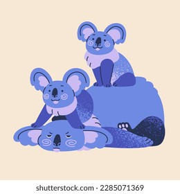 Happy cute koalas, animal family. Funny Australian bear mother and kids, babies. Adorable children character and parent. Isolated childish colored flat vector illustration