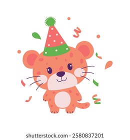 Happy Cute Leopard Animal Cartoon Character Wearing Cone Hat Celebrating Birthday Party