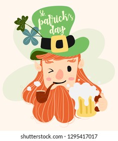 happy cute leprechaun with beer and pipe with calligraphy Happy st Patrick day