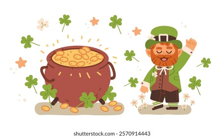 Happy cute leprechaun and big pot of gold coins on isolated background. Flat vector illustration