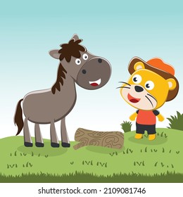 Happy cute lion and horse in field. Can be used for t-shirt printing, children wear fashion designs, baby shower invitation cards and other decoration.