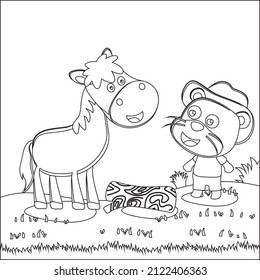 Happy cute lion and horse in field. Can be used for t-shirt printing, Trendy children graphic with Line Art Design Hand Drawing Sketch Vector illustration For Adult And Kids Coloring Book.