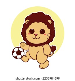 happy cute lion play soccer ball sport adorable cartoon doodle