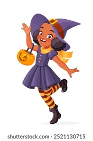 Feliz menina afro-americana bonitinha vestida como uma bruxa com jack-o-lanterna cesta de abóbora truque-ou-tratamento no Halloween. Ilustração de vetor de desenhos animados isolada sobre fundo branco.