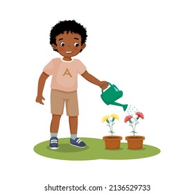 Happy Cute Little African Boy Watering Plant Flowers In The Pot With Watering Can In The Garden