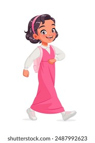 Happy cute little Arab school girl walking with backpack. Cartoon vector illustration isolated on white background.