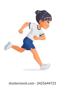 Happy cute little Asian school girl running. Cartoon vector illustration isolated on white background.