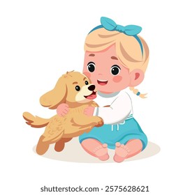 happy cute little baby girl kid play with dog