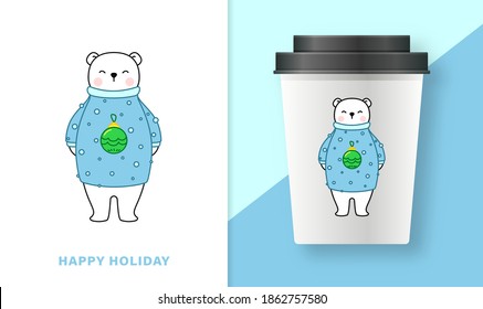Happy cute little bear in blue sweater. Greeting card for Merry Christmas and happy new year. Little polar bears bear in outline style for print