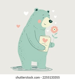Happy cute little bear funny character with heart. Valentines day greeting holiday vector background. 