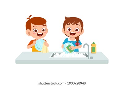 happy cute little boy and girl washing dish together