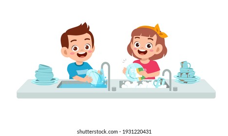 happy cute little boy and girl washing dish together