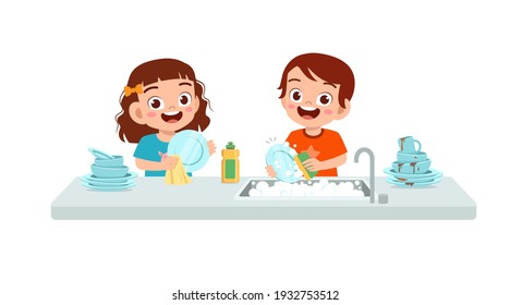 happy cute little boy and girl washing dish together