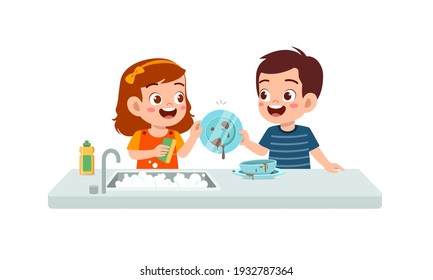 happy cute little boy and girl washing dish together