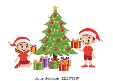 Happy cute little boy and girl holding Christmas present vector illustration