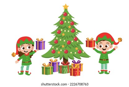 Happy cute little boy and girl holding Christmas present wearing elf costume vector illustration