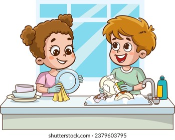 happy cute little boy and girl washing dish together.Happy little children doing housework and cleaning together