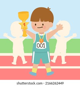 Happy cute little boy holding gold trophy at stadium in cartoon character, vector illustration