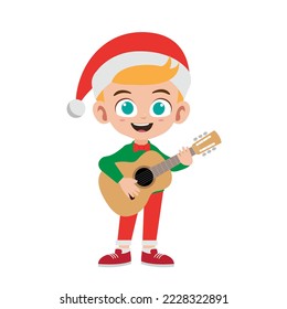 Happy cute little boy holding guitar in christmas costume vector illustration