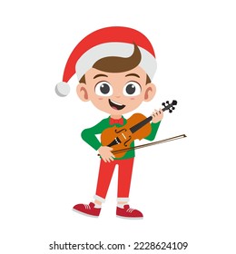 Happy cute little boy playing violin instrument in christmas costume vector illustration