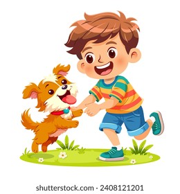 Happy cute little boy playing with his pet dog. The boy is smiling and has a joyful expression. Vector illustration isolated on white background