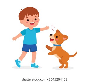 Happy cute little boy playing with his pet dog and the boy is smiling and has a joyful expression vector