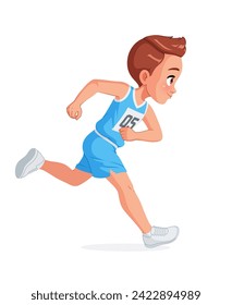 Feliz niño lindo corriendo maratón pista y campo. Ilustración vectorial de dibujos animados aislada en fondo blanco.