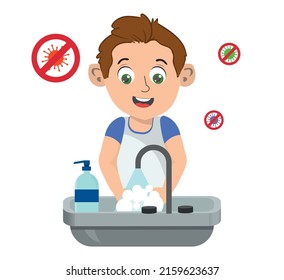 Happy cute little boy showing her clean hands after washing hands with antibacterial soap and water at the sink and as prevention against Virus and Infection and personal hygiene.