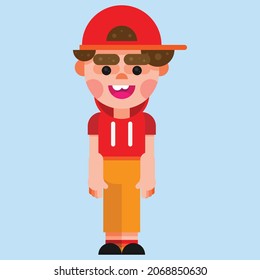 Happy cute little boy standing and wearing hoodie and cap. Flat style vector illustration
