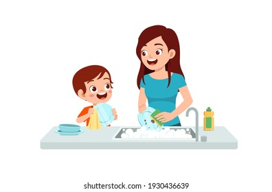 happy cute little boy washing dish with mother