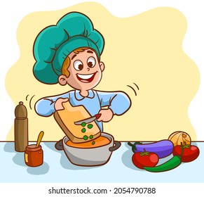 happy cute little boy wearing chef uniform and cooking.