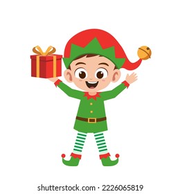 Happy cute little boy wearing green elf christmas costume vector illustration