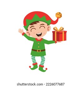 Happy cute little boy wearing green elf christmas costume vector illustration