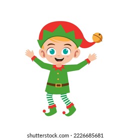 Happy cute little boy wearing green elf Christmas costume vector illustration