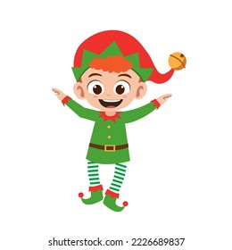 Happy cute little boy wearing green elf Christmas costume vector illustration