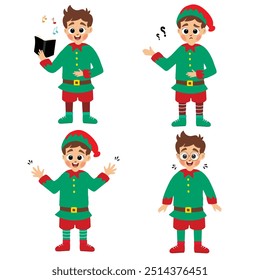 happy cute little boys wearing green elf Christmas costume