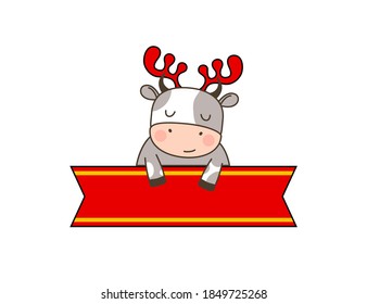 Happy cute little bull in deer headband sitting behind the red ribbon. Greeting card for Merry Christmas and happy new year. 2021 year of the bull. Little ox in outline style with place for text.