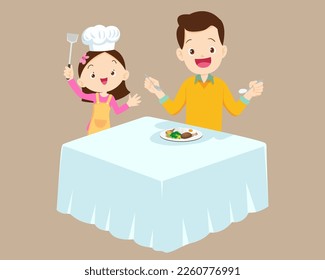 happy cute little chef kids serving food to table