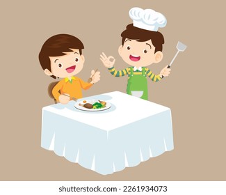 happy cute little chef kids serving food to table