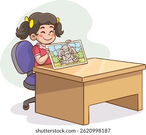 happy cute little child doing puzzle vector illustration