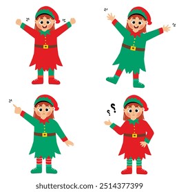 Niñas lindas felices que llevan el traje verde y rojo de las Navidades del elfo