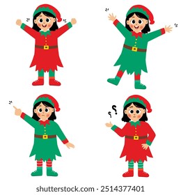 Niñas lindas felices que llevan el traje verde y rojo de las Navidades del elfo