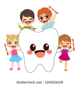 Happy cute little children holding toothbrush with big tooth character friend